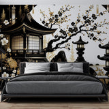 Japanese temple wallpaper mural in modern minimalist living room, black and gold zen design creating calm atmosphere