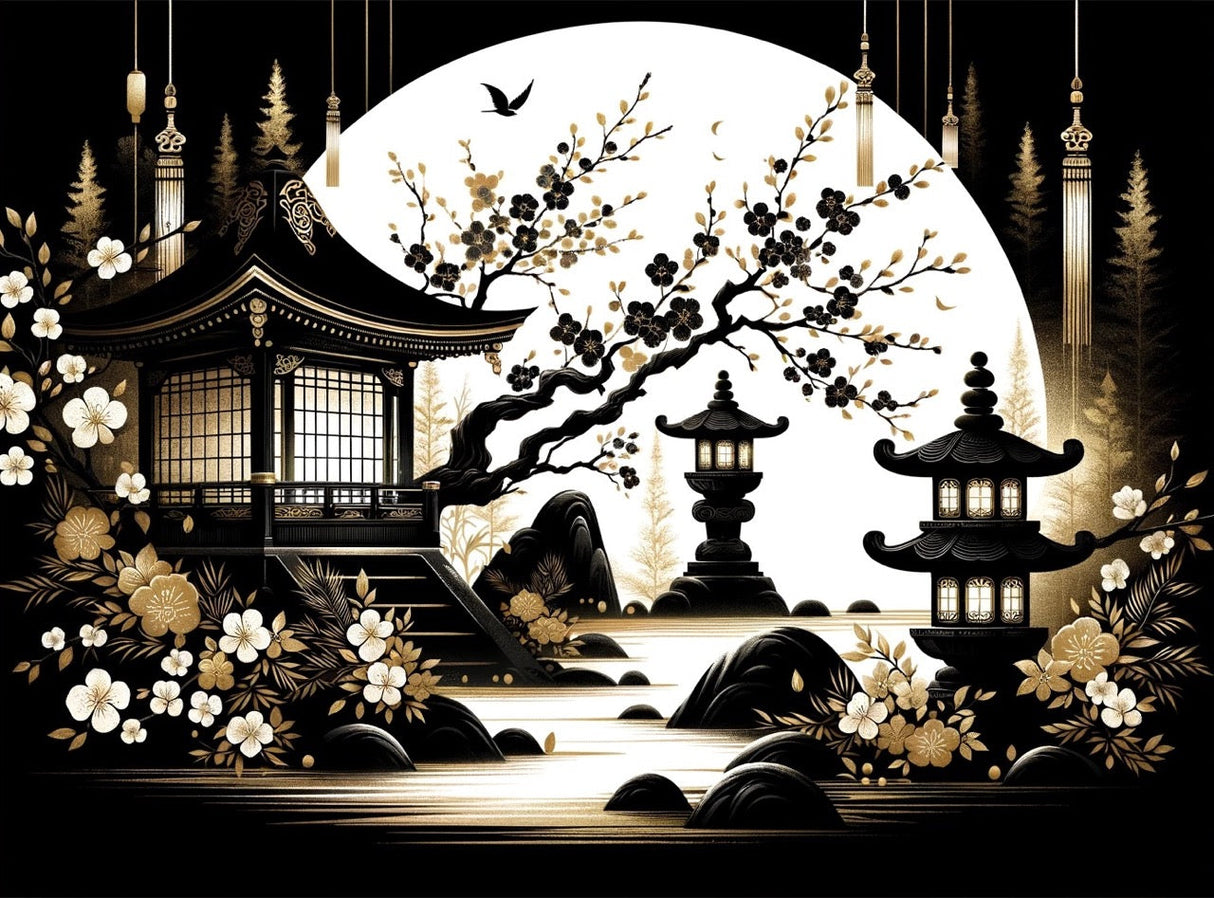 Japanese temple design file with black pagoda silhouette and gold accents, showing intricate oriental pattern details