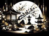 Japanese temple design file with black pagoda silhouette and gold accents, showing intricate oriental pattern details