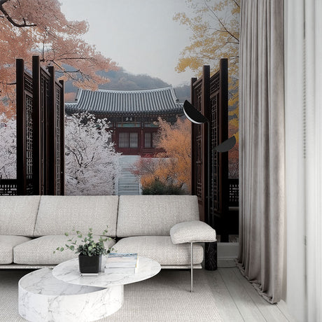 Japanese garden wallpaper creating a zen atmosphere in a modern living room with minimal furniture and natural light