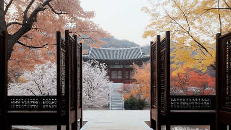 Japanese temple garden design file with cherry blossoms and autumn foliage detail