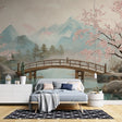 Japanese garden wallpaper with cherry blossoms creating a peaceful atmosphere in a modern living room setting