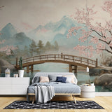 Japanese garden wallpaper with cherry blossoms creating a peaceful atmosphere in a modern living room setting