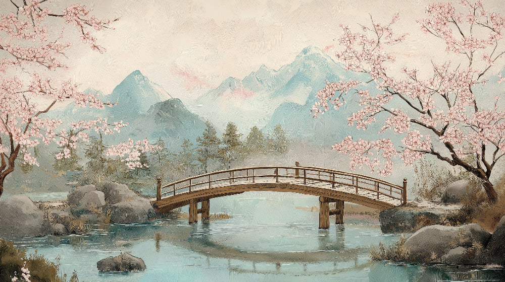 Japanese garden design file showing detailed cherry blossom bridge and mountain landscape pattern