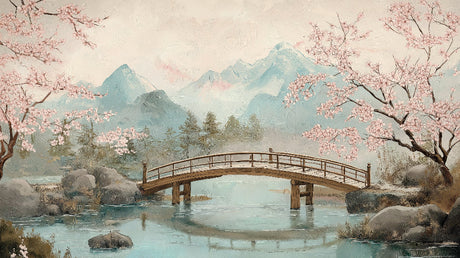 Japanese garden design file showing detailed cherry blossom bridge and mountain landscape pattern