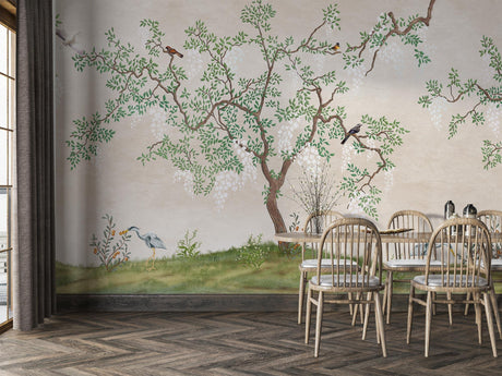 Japanese garden wallpaper with cherry blossoms creating a peaceful dining room backdrop