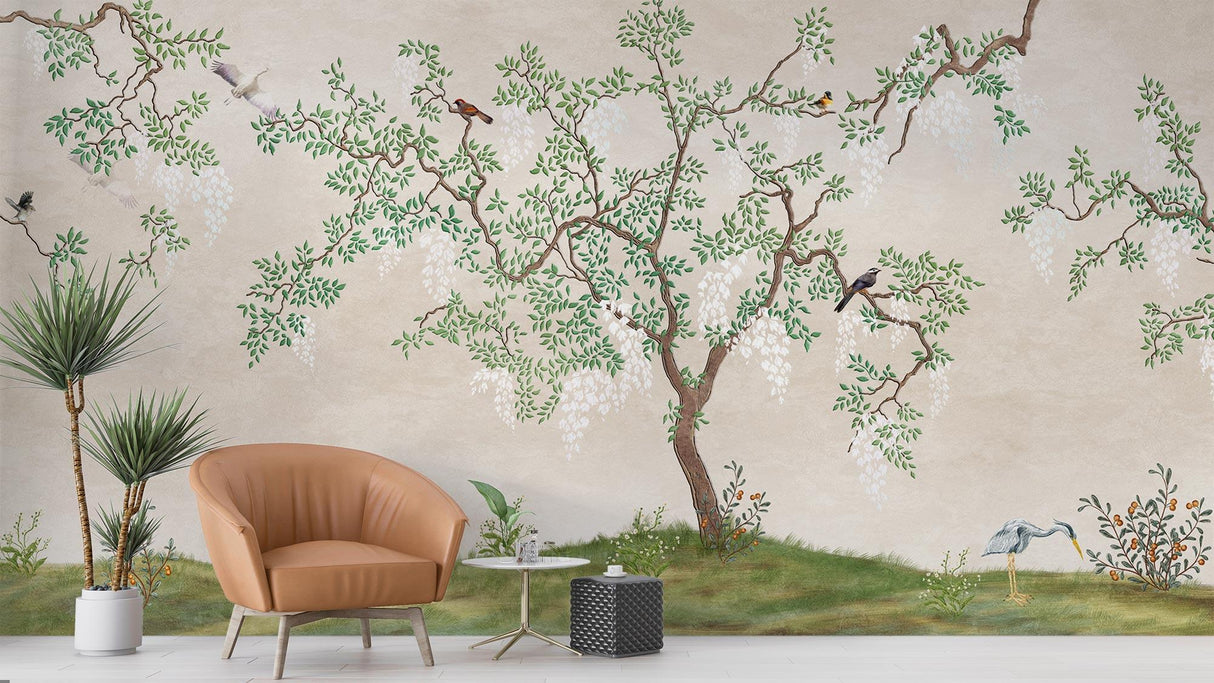 Cherry blossom wall mural transforming a modern bedroom into a zen retreat