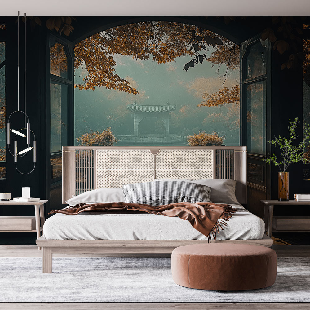 Japanese garden mural wallpaper creating depth in a modern living room, golden autumn colors reflect in morning light
