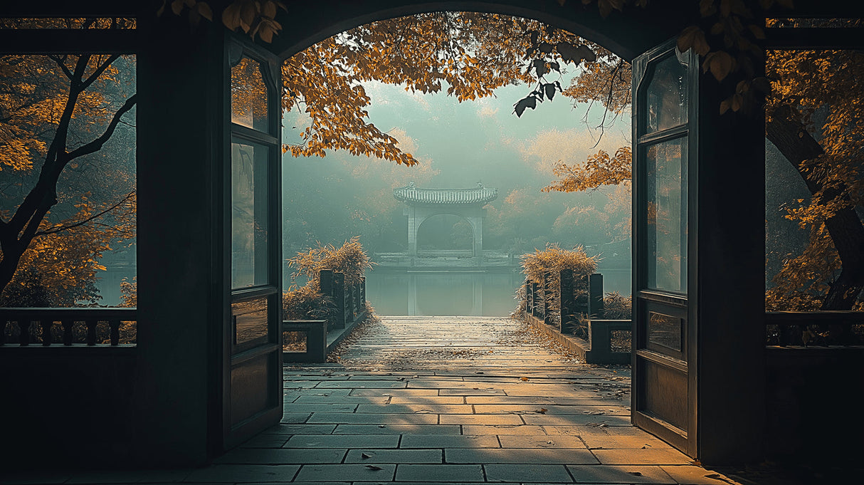 Japanese garden wallpaper design file showing misty autumn pavilion with arched doorway and warm foliage