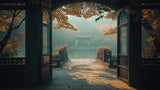 Japanese garden wallpaper design file showing misty autumn pavilion with arched doorway and warm foliage