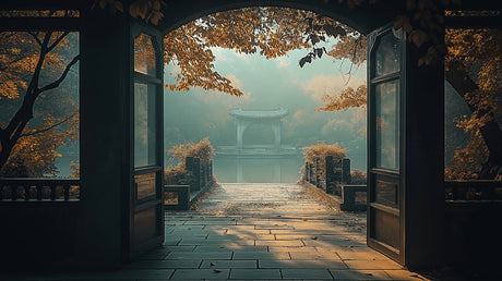 Japanese garden wallpaper design file showing misty autumn pavilion with arched doorway and warm foliage