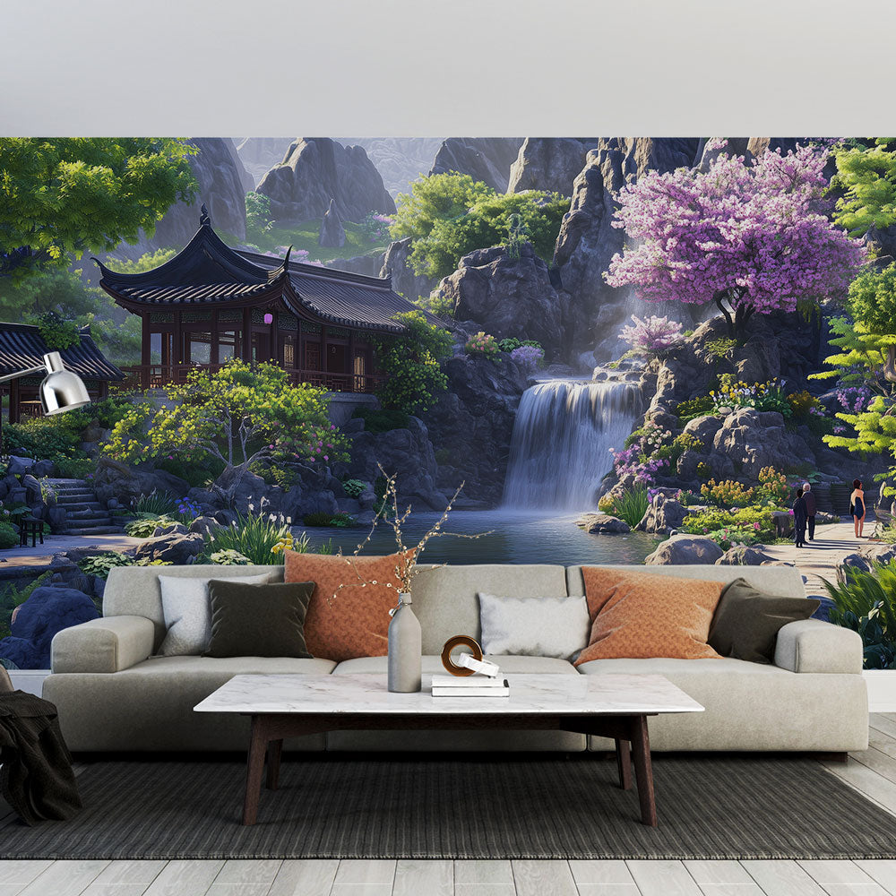 Japanese garden wallpaper with waterfall and cherry blossoms creating a peaceful atmosphere in a modern living room