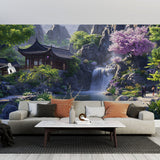 Japanese garden wallpaper with waterfall and cherry blossoms creating a peaceful atmosphere in a modern living room