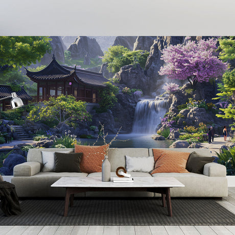 Japanese garden wallpaper with waterfall and cherry blossoms creating a peaceful atmosphere in a modern living room