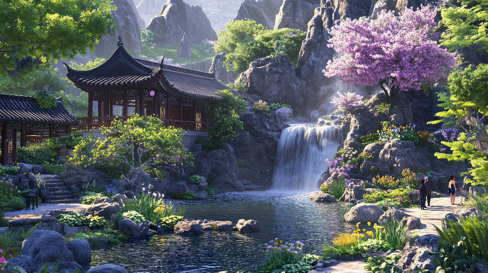 Japanese garden waterfall design file showing detailed cherry blossoms and mountain landscape pattern