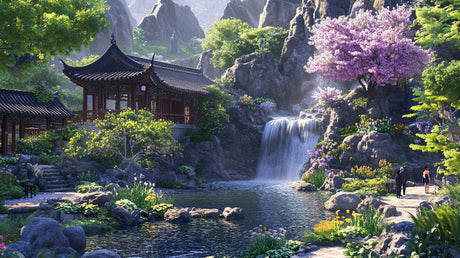 Japanese garden waterfall design file showing detailed cherry blossoms and mountain landscape pattern