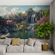 Japanese garden wallpaper with waterfall and cherry blossoms in a modern living room creating a peaceful atmosphere