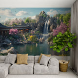 Japanese garden wallpaper with waterfall and cherry blossoms in a modern living room creating a peaceful atmosphere