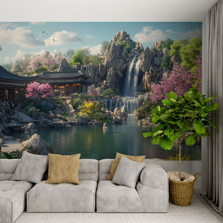 Japanese garden wallpaper with waterfall and cherry blossoms in a modern living room creating a peaceful atmosphere