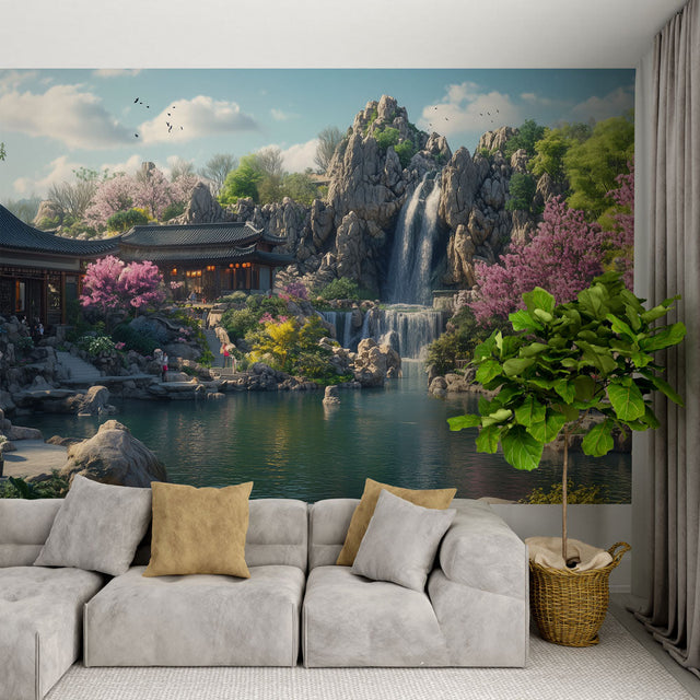 Japanese garden wallpaper with waterfall and cherry blossoms in a modern living room creating a peaceful atmosphere