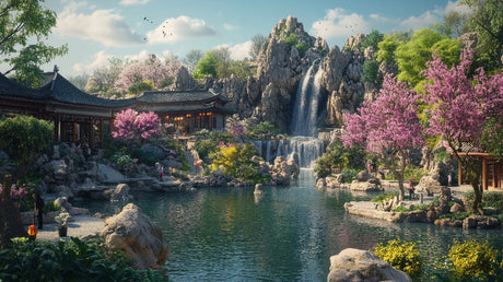 Japanese garden wallpaper design file showing detailed mountain waterfall and cherry blossom pattern