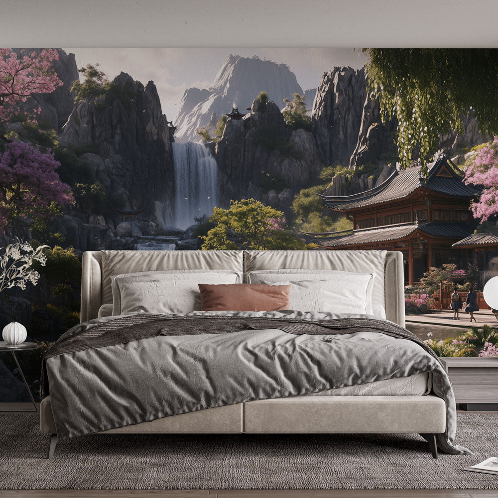 Japanese garden wallpaper creating a peaceful atmosphere in a modern living room with natural light