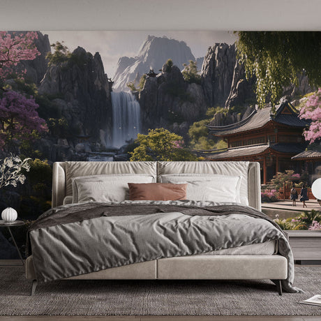 Japanese garden wallpaper creating a peaceful atmosphere in a modern living room with natural light