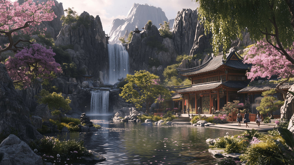 Japanese garden wallpaper design file showing detailed mountain waterfall and cherry blossoms pattern