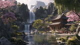 Japanese garden wallpaper design file showing detailed mountain waterfall and cherry blossoms pattern