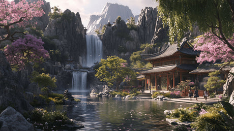 Japanese garden wallpaper design file showing detailed mountain waterfall and cherry blossoms pattern