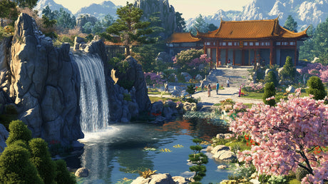 Japanese garden temple and waterfall design file showing intricate pattern details and authentic elements
