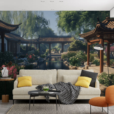Japanese garden wallpaper creating a peaceful atmosphere in a modern living room, showing pagodas reflected in a tranquil pond