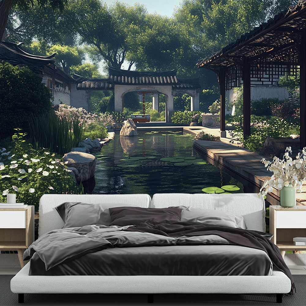 Japanese garden wallpaper creating a serene atmosphere in a modern living room with natural light and minimal furniture