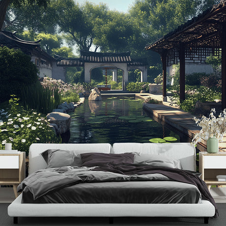 Japanese garden wallpaper creating a serene atmosphere in a modern living room with natural light and minimal furniture