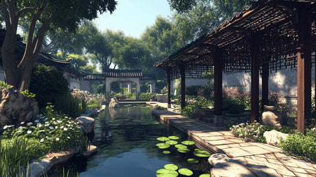 Japanese garden design file showing detailed pond scene with traditional architecture and natural elements