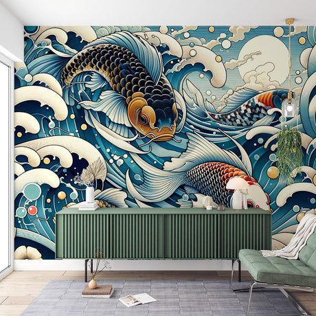 Japanese koi fish wallpaper creating a stunning focal point in a modern dining room with soft lighting