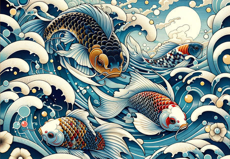 Japanese koi fish design file showing intricate art deco wave patterns and golden accents