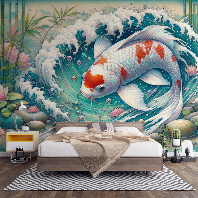 Japanese Koi Fish Wallpaper creating a serene atmosphere in a modern living room with natural light