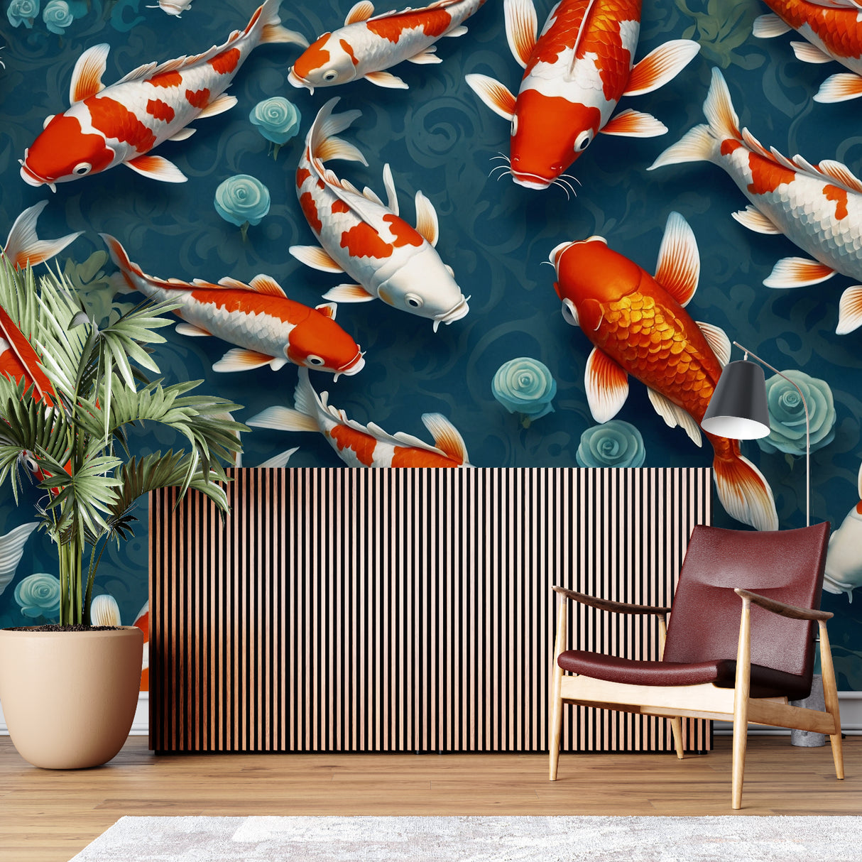 Japanese koi fish wallpaper bringing calm to a modern living room with white furniture