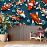 Japanese koi fish wallpaper bringing calm to a modern living room with white furniture