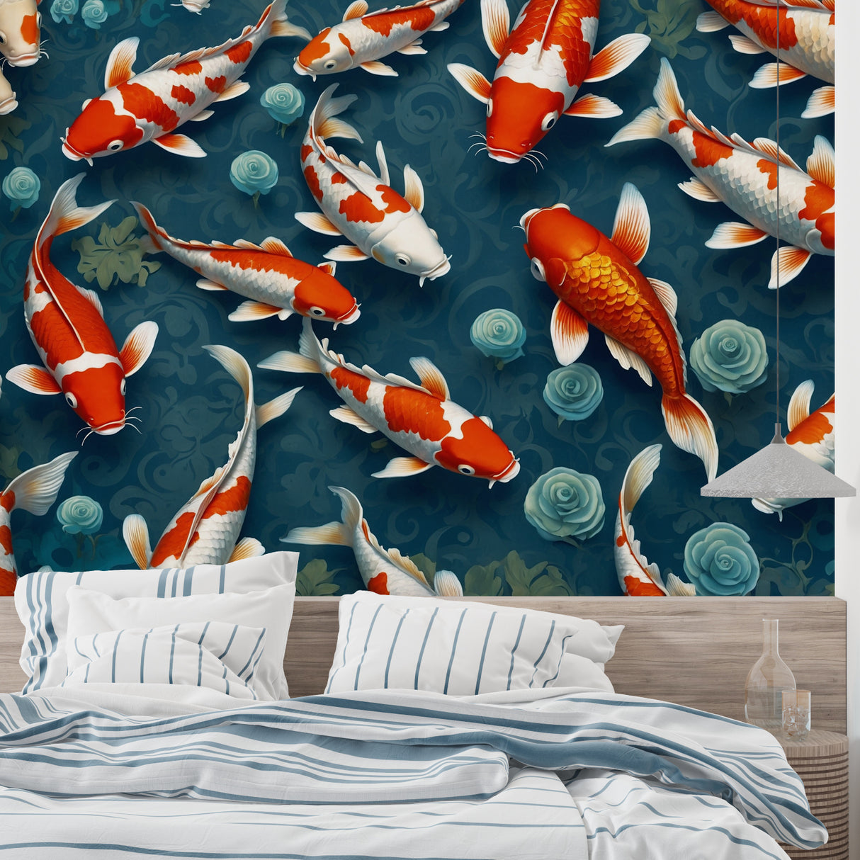 Koi fish wall mural creating drama in a minimalist dining room setting