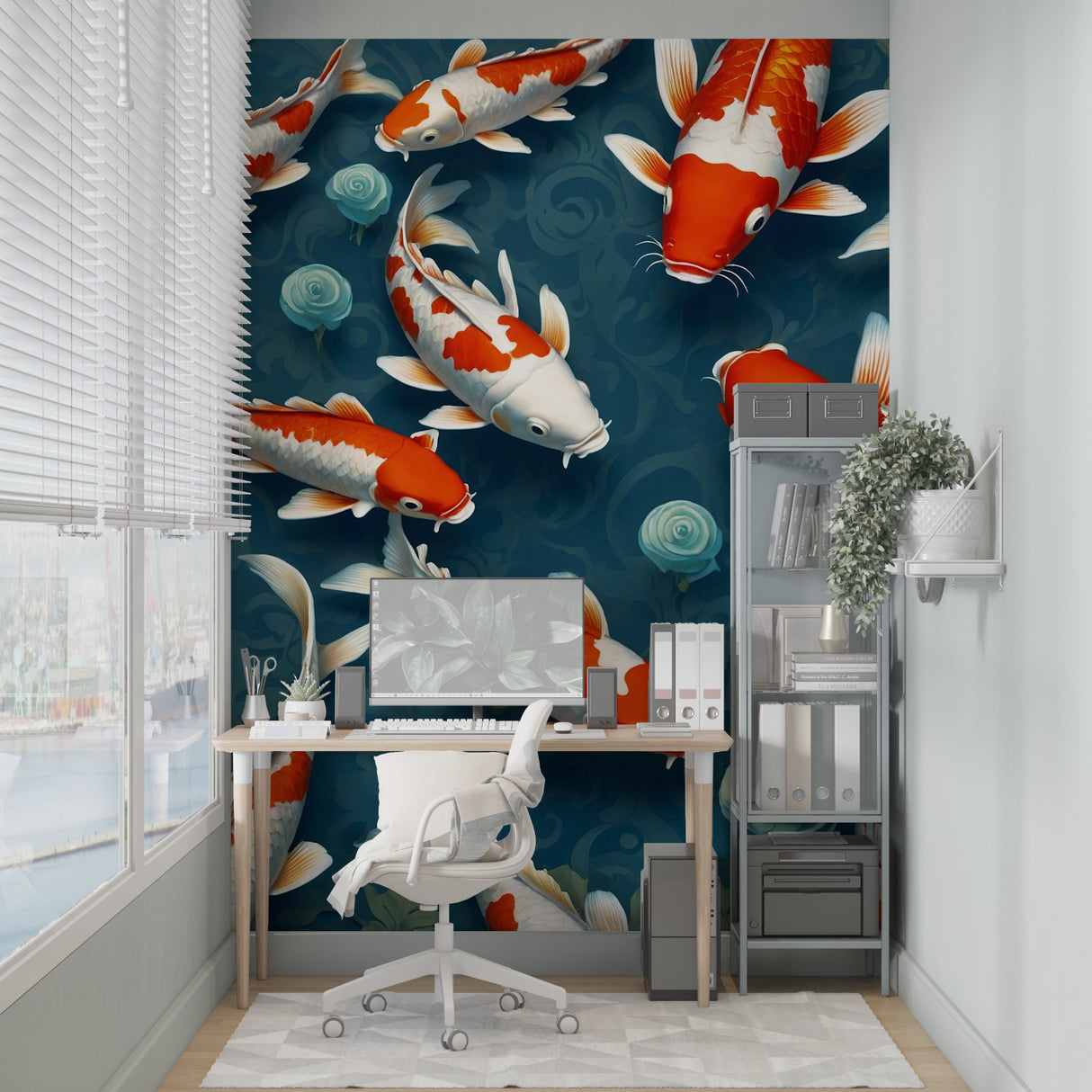 Oriental koi wallpaper transforming a home office with deep blue tones