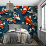 Japanese fish mural adding movement to a contemporary bedroom wall