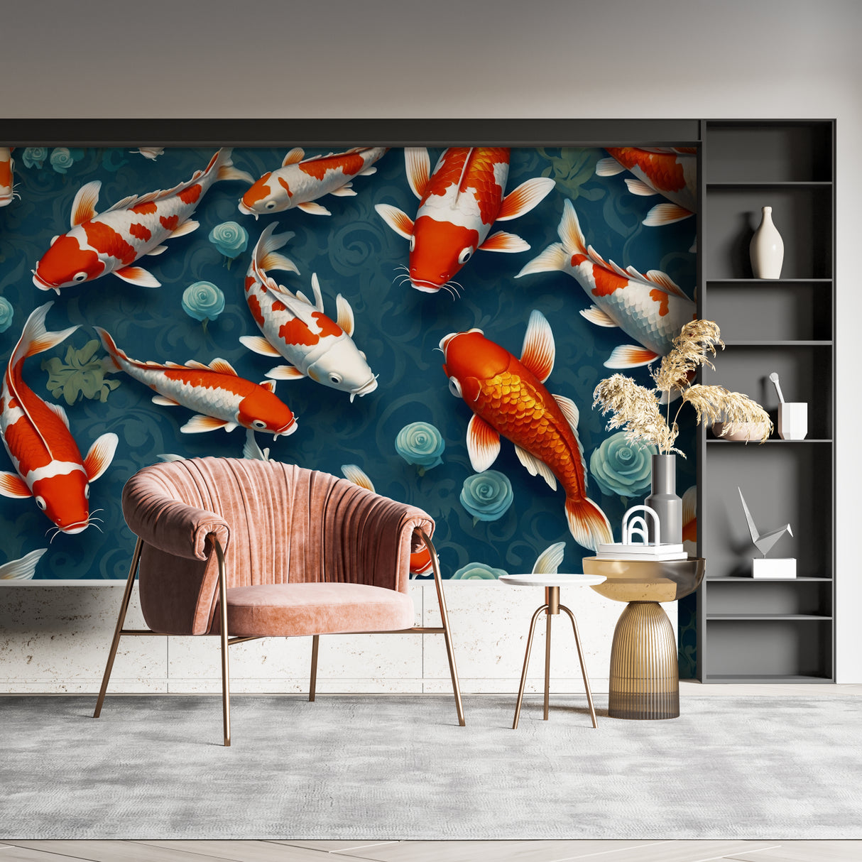 Koi wallpaper making a bold statement in an elegant entrance hall