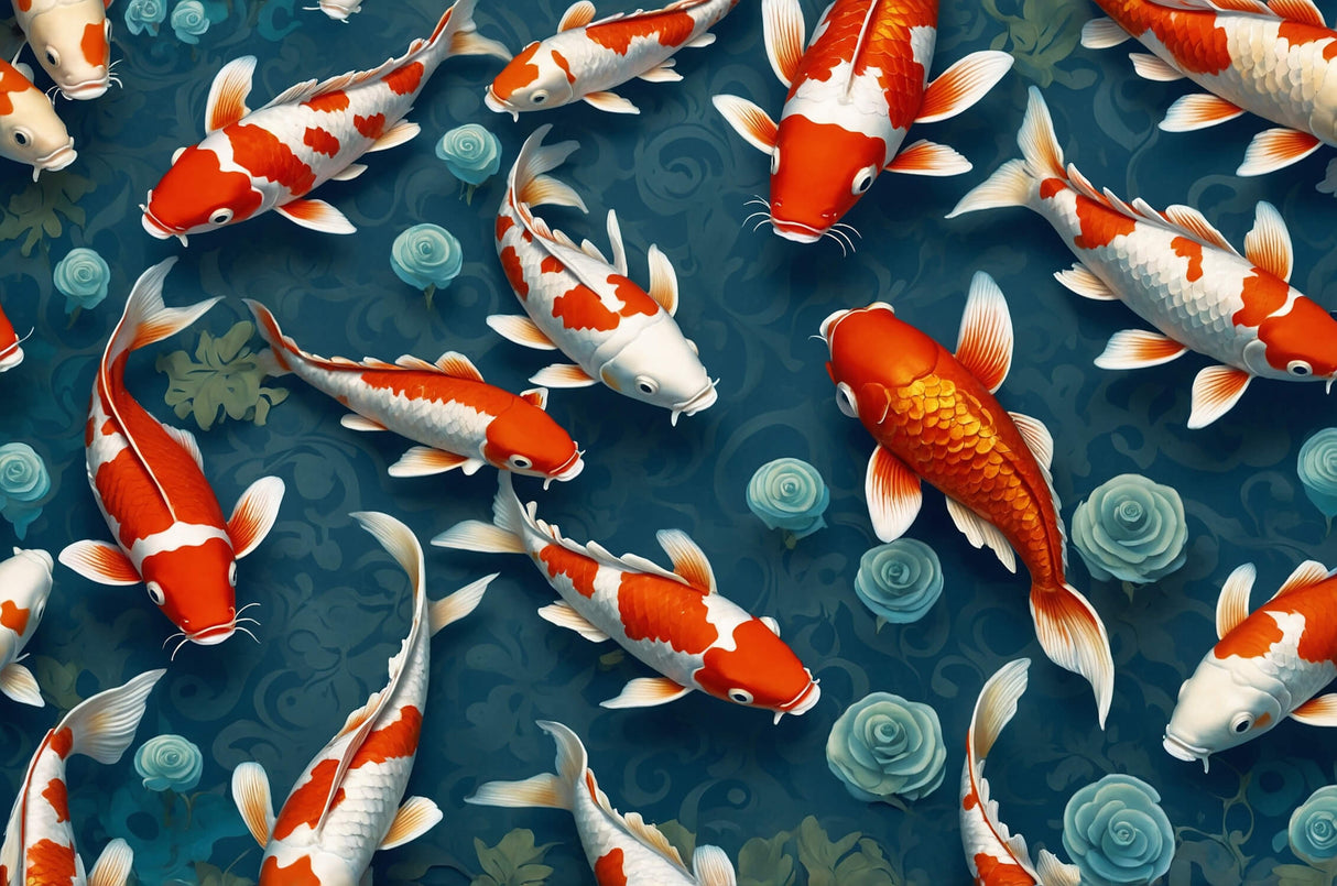 Design file showing detailed orange and white koi fish pattern on deep blue background