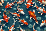 Design file showing detailed orange and white koi fish pattern on deep blue background