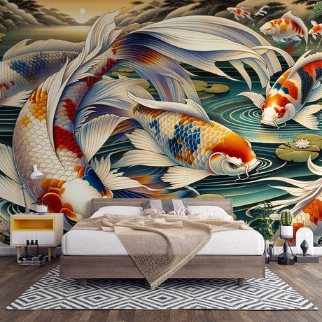 Japanese koi fish wallpaper creating a stunning focal point in a modern living room with natural lighting
