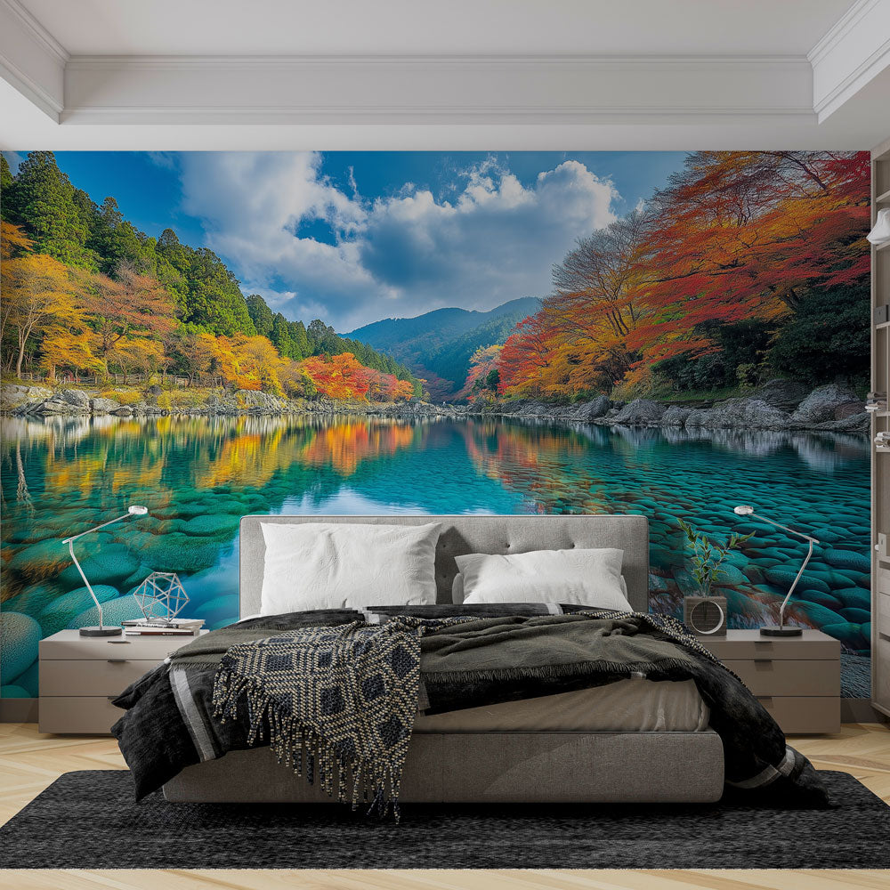 Japanese lake wallpaper mural showcased in a modern living room, creating a serene autumn atmosphere with reflected mountains