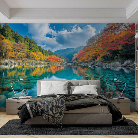 Japanese lake wallpaper mural showcased in a modern living room, creating a serene autumn atmosphere with reflected mountains