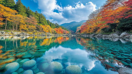 Japanese lake wallpaper design file showing detailed autumn forest reflection pattern